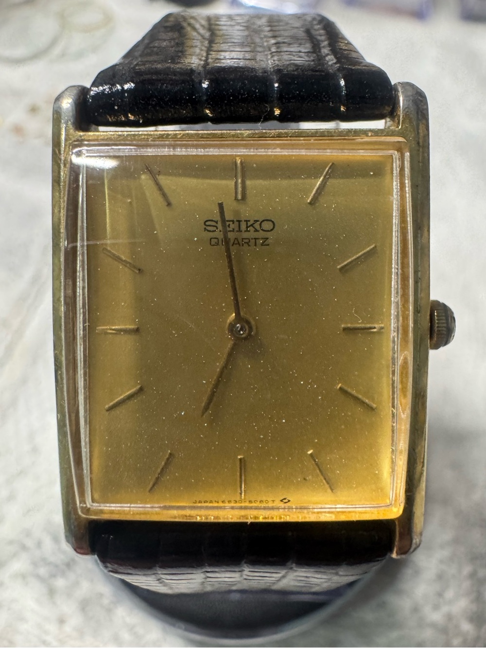 Seiko Gold Dial Rectangular Watch with Black Strap